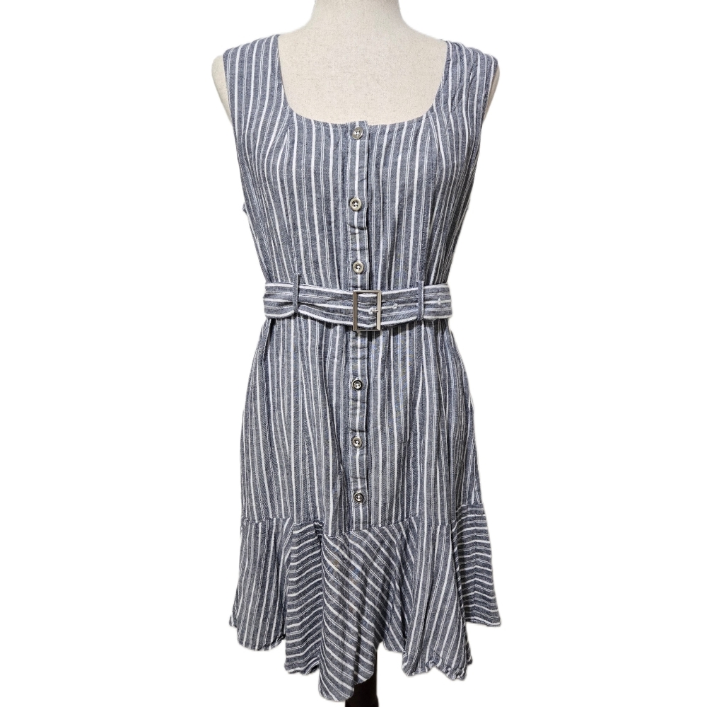 Nanette Nanette Lepore Linen Blend Striped Ruffle Hem Belted Dress Size 10